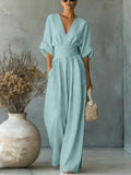 Maxi Jumpsuit met V-Hals en Geplooide Taille voor Dames - Pauw blauw