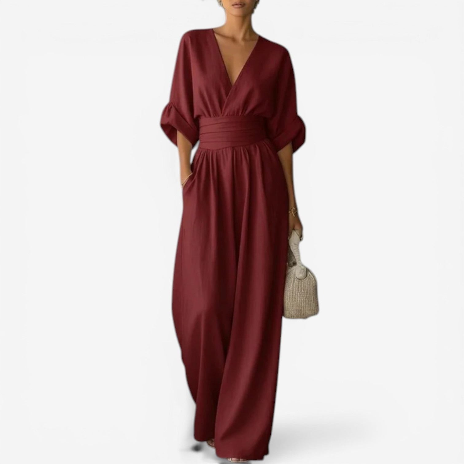 Maxi Jumpsuit met V-Hals en Geplooide Taille voor Dames - Bordeaux