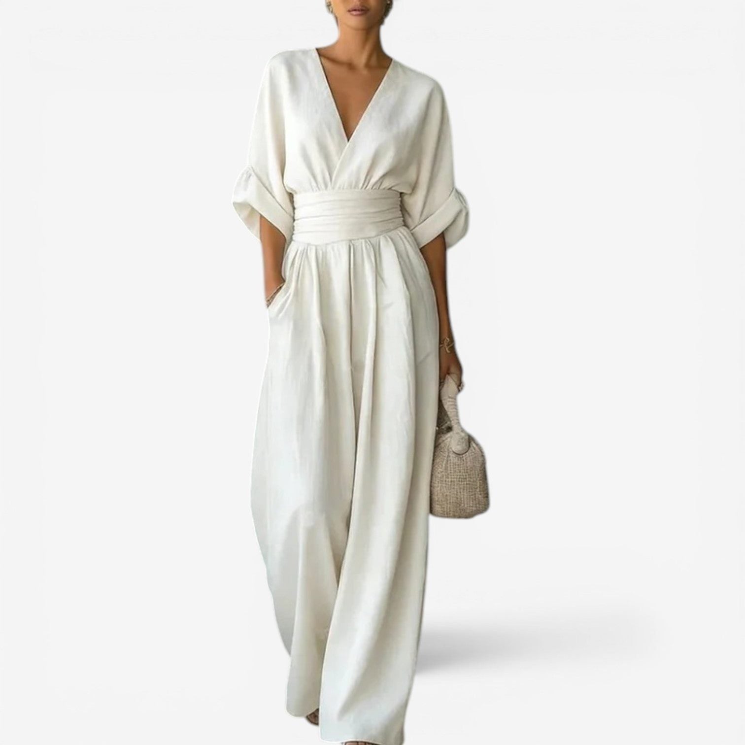 Maxi Jumpsuit met V-Hals en Geplooide Taille voor Dames - Wit