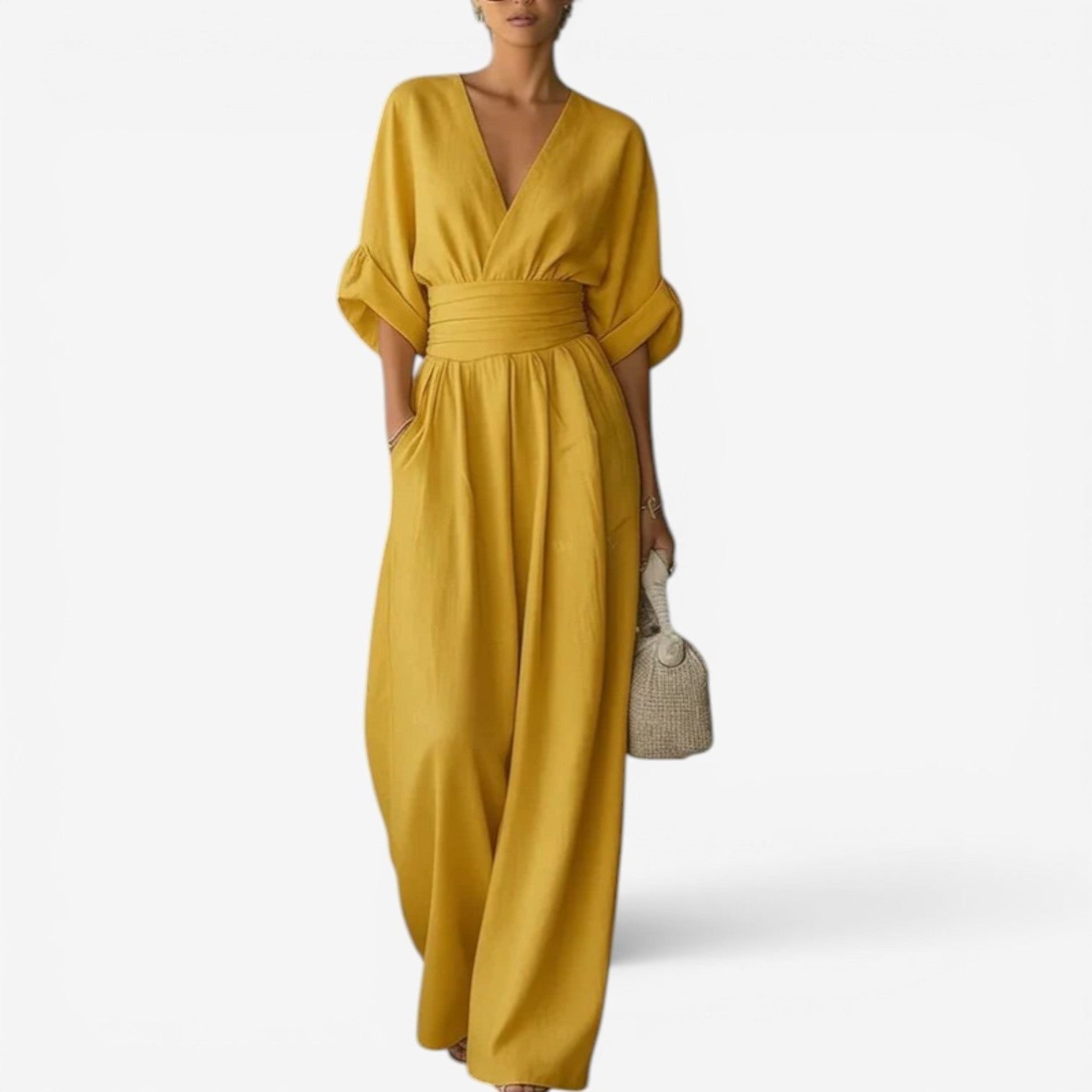 Maxi Jumpsuit met V-Hals en Geplooide Taille voor Dames - Geel