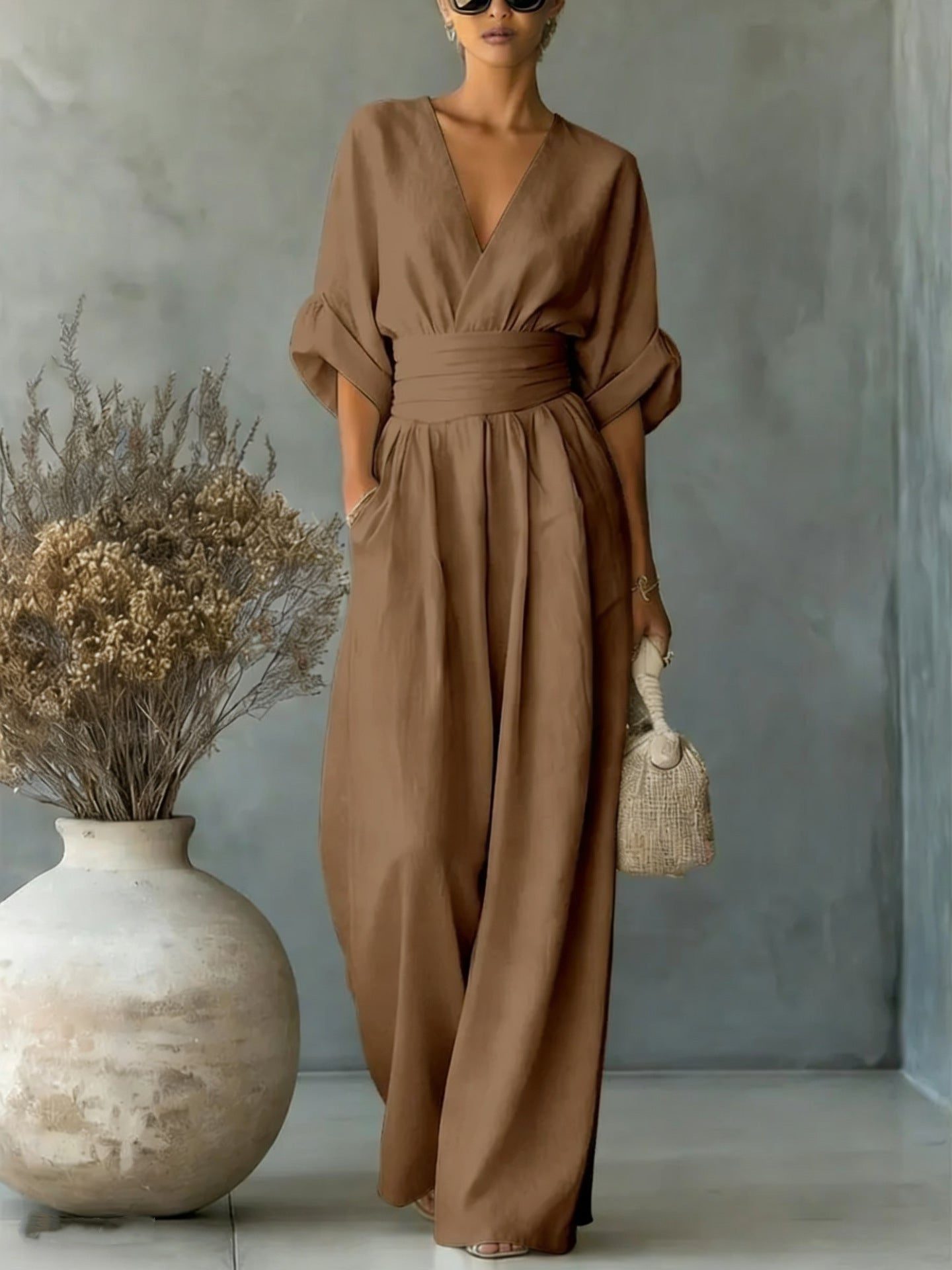 Maxi Jumpsuit met V-Hals en Geplooide Taille voor Dames - Donkerbruin