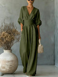 Maxi Jumpsuit met V-Hals en Geplooide Taille voor Dames - Legergroen