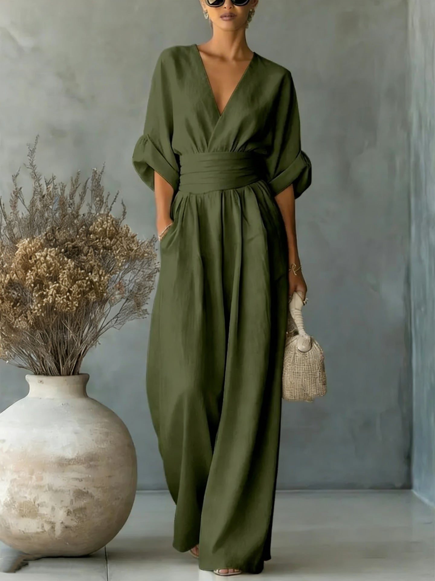 Maxi Jumpsuit met V-Hals en Geplooide Taille voor Dames - Legergroen