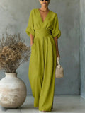 Maxi Jumpsuit met V-Hals en Geplooide Taille voor Dames - Olijfgroen
