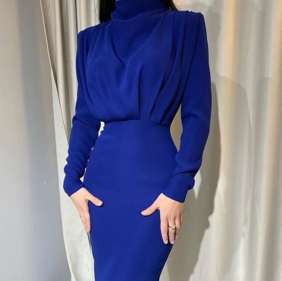 Maxi Jurk met Lange Mouwen en Opstaande Kraag voor Dames - Diep Blauw