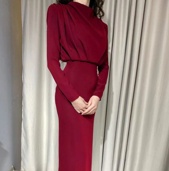 Maxi Jurk met Lange Mouwen en Opstaande Kraag voor Dames - Baksteen Rood