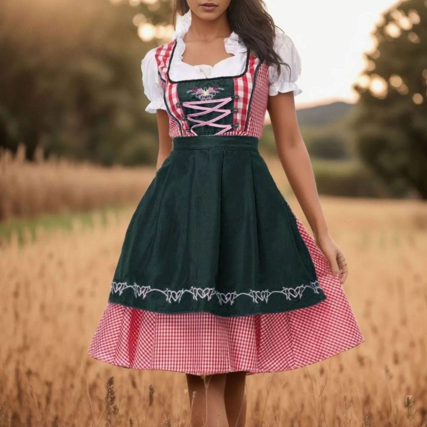 Midi Dirndl Jurkje met Geruite Details voor Dames