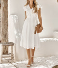 Midi Jurk met Korte Mouwen en Knoopsluiting voor Dames - Wit