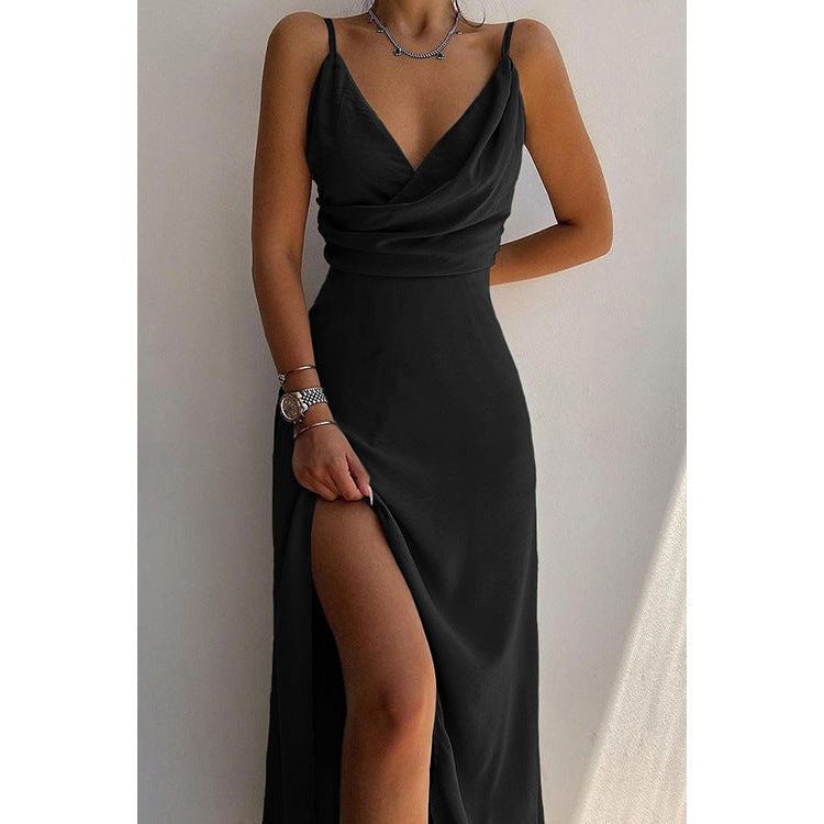 Mouwloze Maxi Jurk met Overslag en Split voor Dames - Zwart