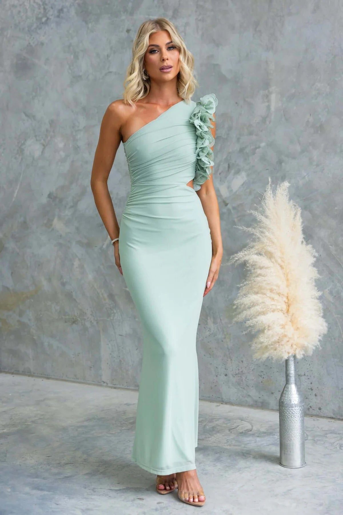 One-Shoulder Maxi Jurk met Ruches voor Dames - Groen