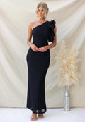 One-Shoulder Maxi Jurk met Ruches voor Dames - Zwart