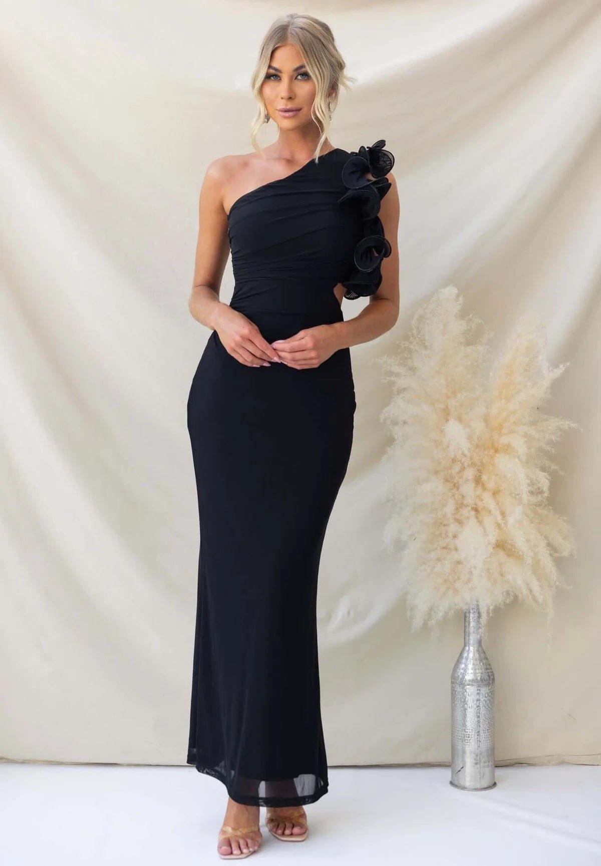 One-Shoulder Maxi Jurk met Ruches voor Dames - Zwart