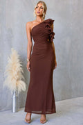 One-Shoulder Maxi Jurk met Ruches voor Dames - Koffie
