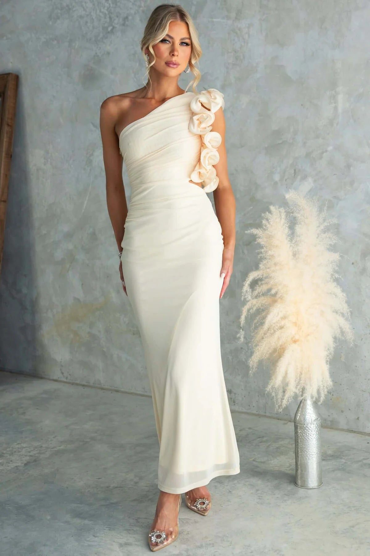 One-Shoulder Maxi Jurk met Ruches voor Dames - Lichtgeel