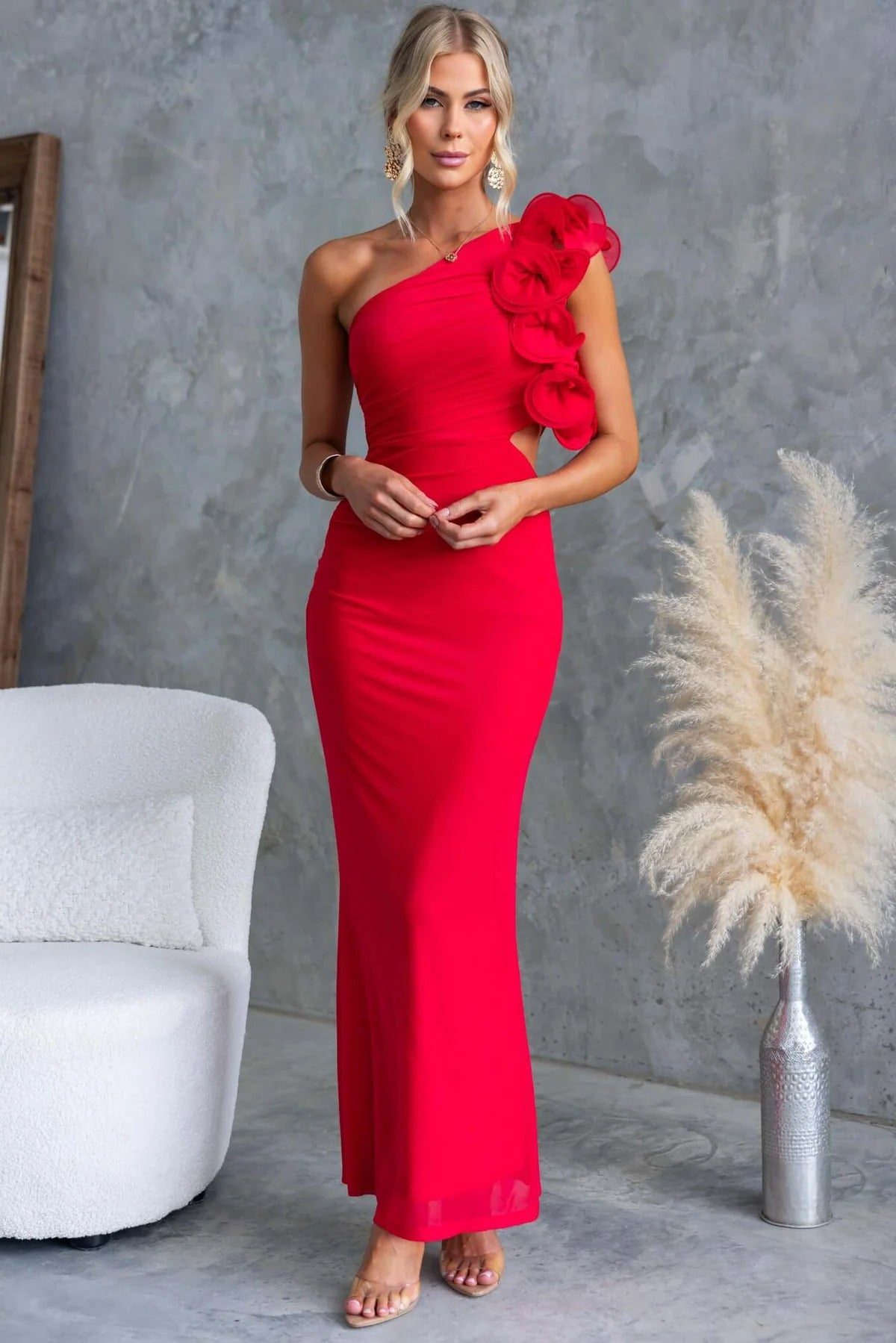 One-Shoulder Maxi Jurk met Ruches voor Dames - Rood