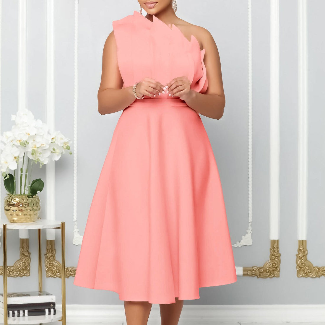 One-Shoulder Midi Jurk met A-Lijn voor Dames