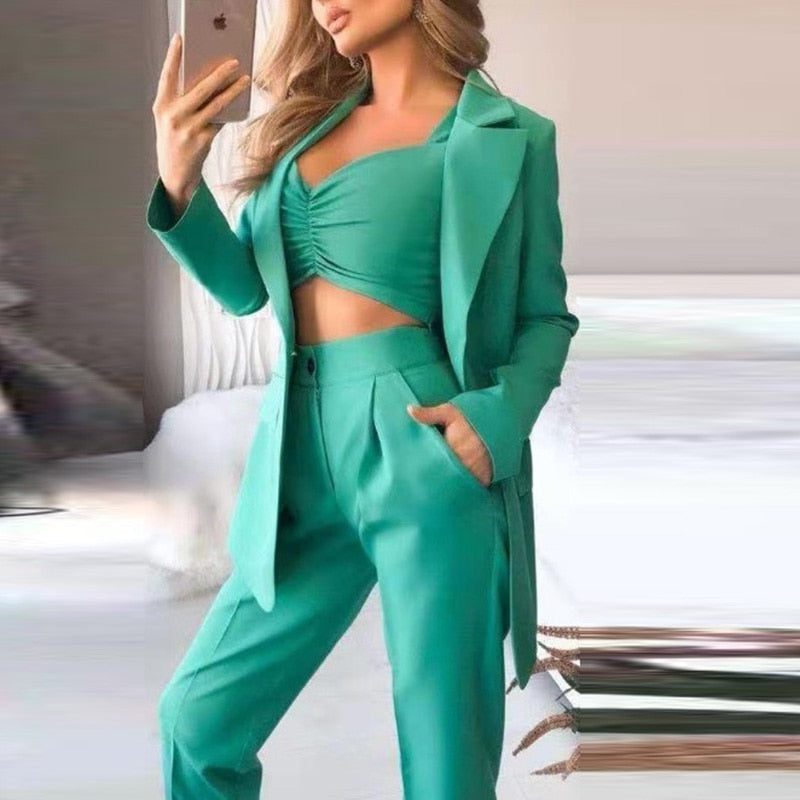 Oversized Blazer Outfit met Pantalon en Crop Top voor Dames - Groen