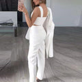 Oversized Blazer Outfit met Pantalon en Crop Top voor Dames - Wit