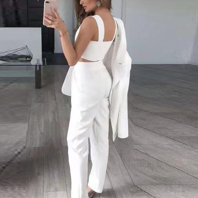 Oversized Blazer Outfit met Pantalon en Crop Top voor Dames - Wit