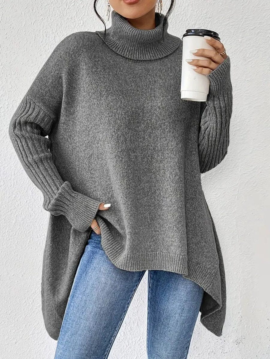 Oversized Coltrui met Geribde Kraag voor Dames - Steengrijs
