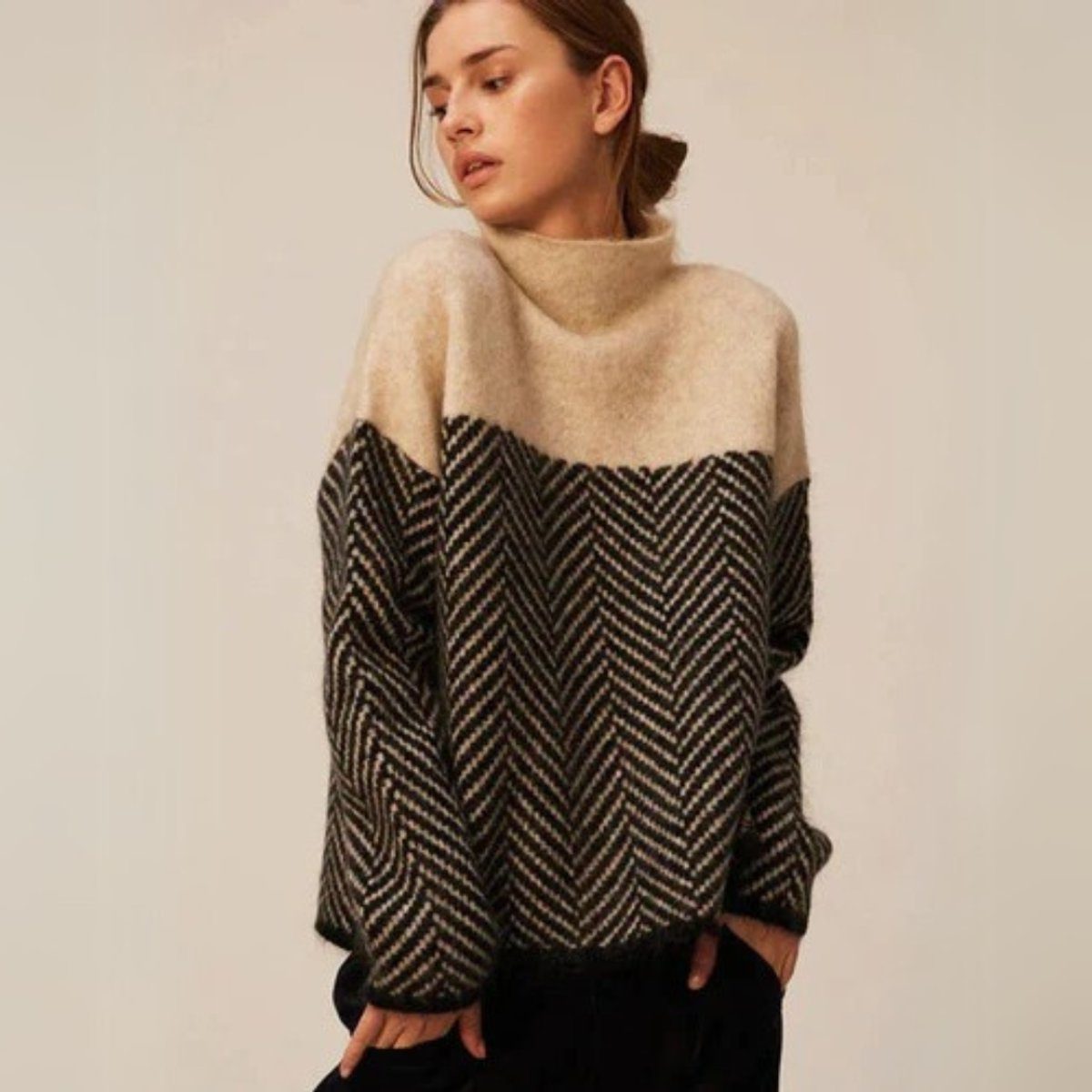 Oversized Coltrui met Visgraatpatroon voor Dames - Beige