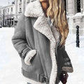 Oversized Lamsvacht Bikerjack met Opstaande Kraag voor Dames - Grau