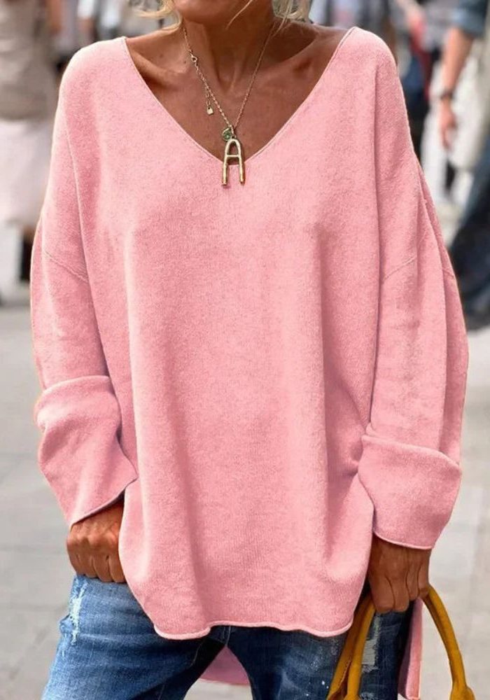 Oversized Trui met V-Hals voor Dames - Roze