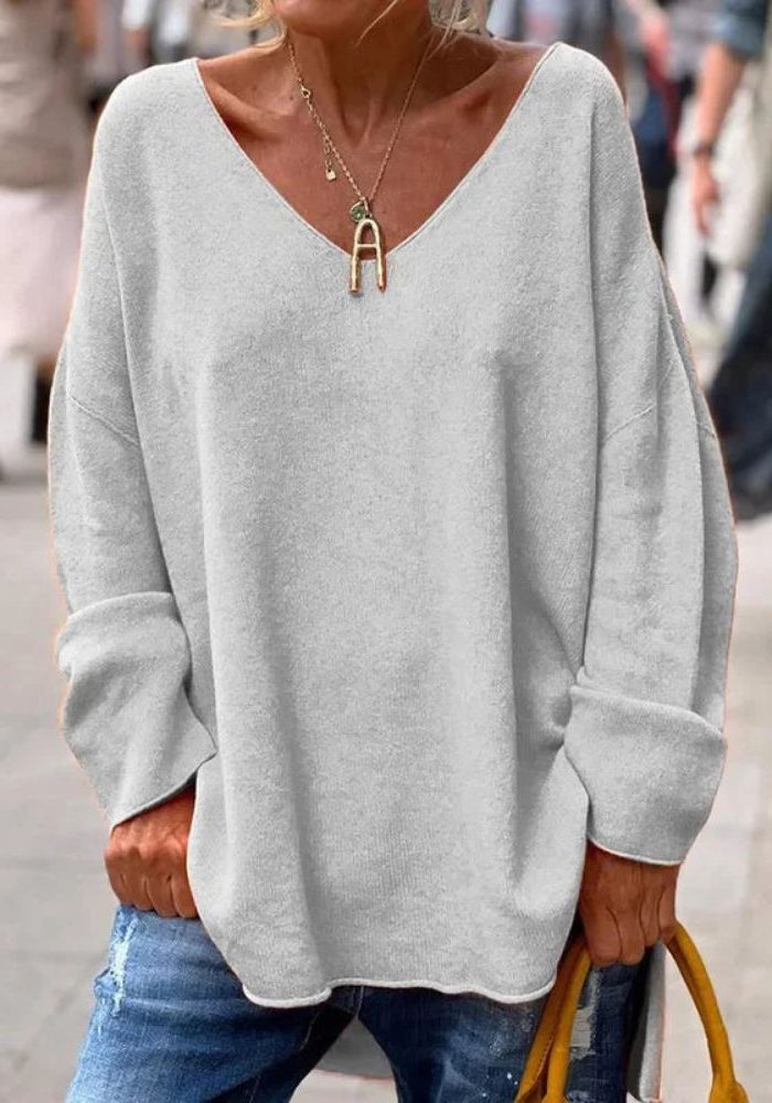 Oversized Trui met V-Hals voor Dames - Grijs