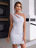 Pailletten Cocktail Mini Jurk met One Shoulder voor Dames - Wit