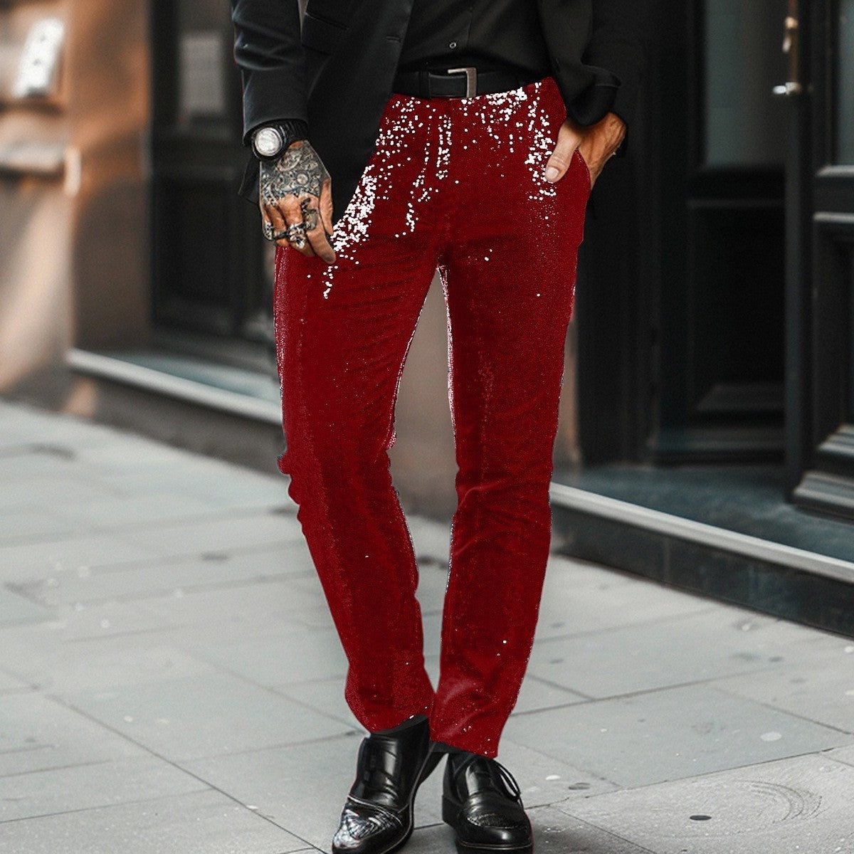 Pailletten Straight Leg Pantalon voor Heren - Rood