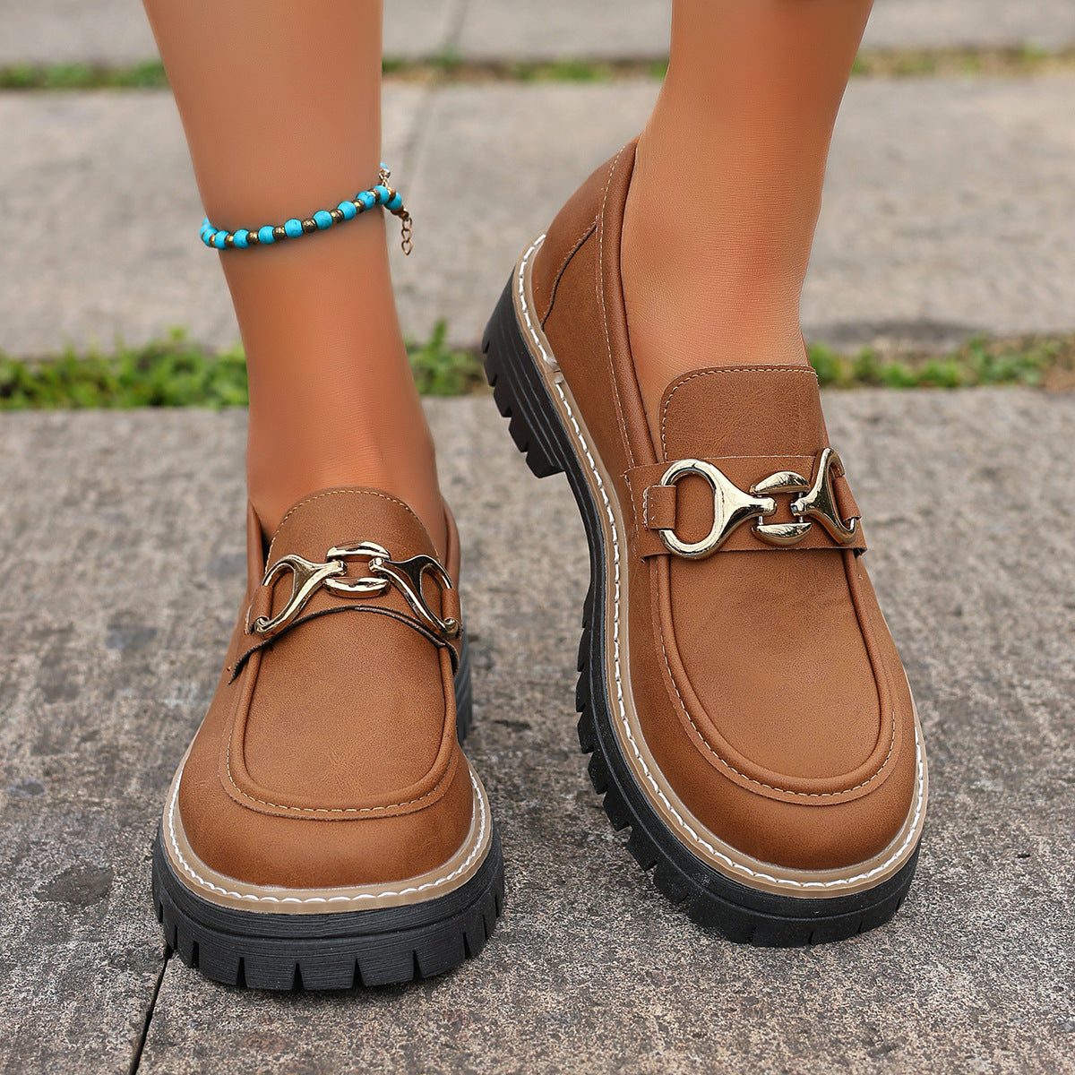 Platform Loafers met Goudkleurige Gesp voor Dames - Hellbraun