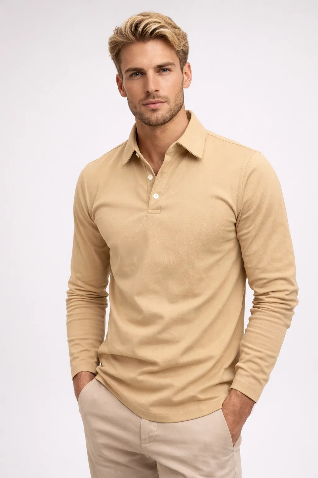 Slim Fit Poloshirt met Klassieke Kraag en Lange Mouwen voor Heren