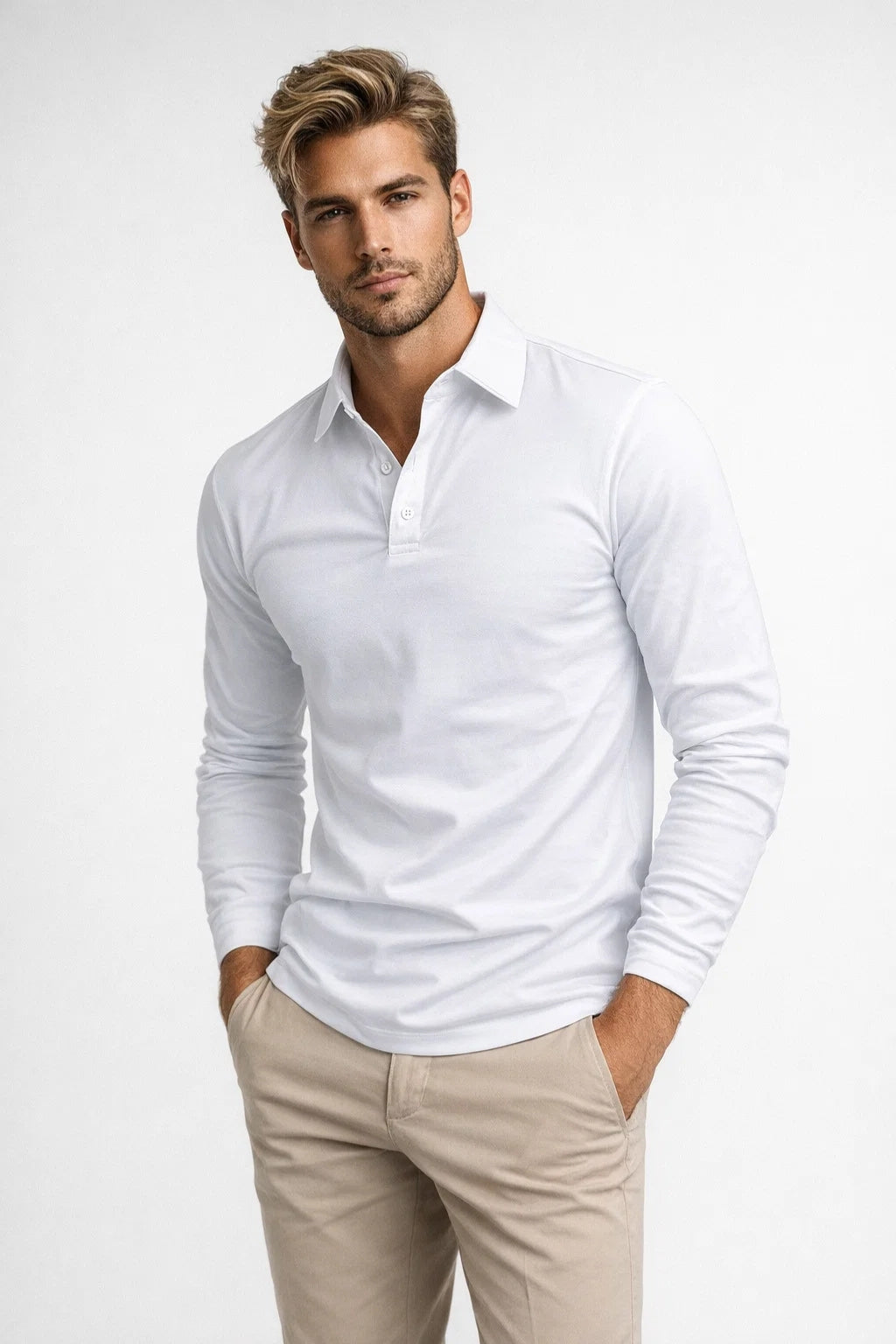 Slim Fit Poloshirt met Klassieke Kraag en Lange Mouwen voor Heren