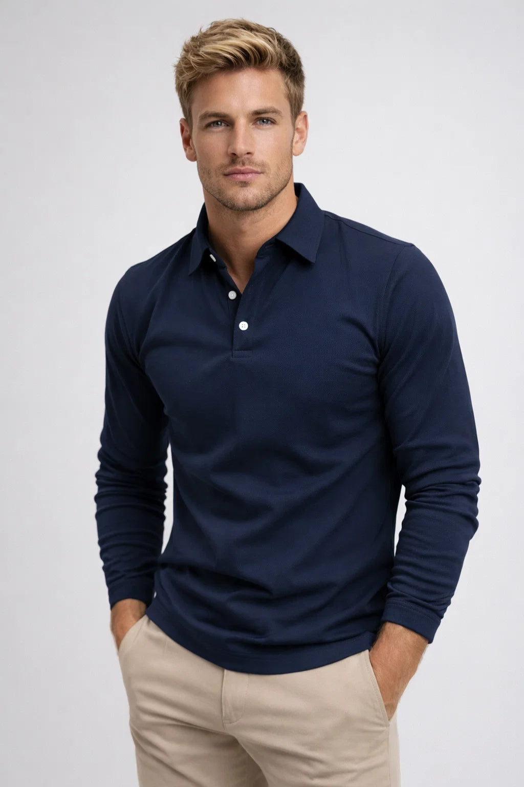 Slim Fit Poloshirt met Klassieke Kraag en Lange Mouwen voor Heren