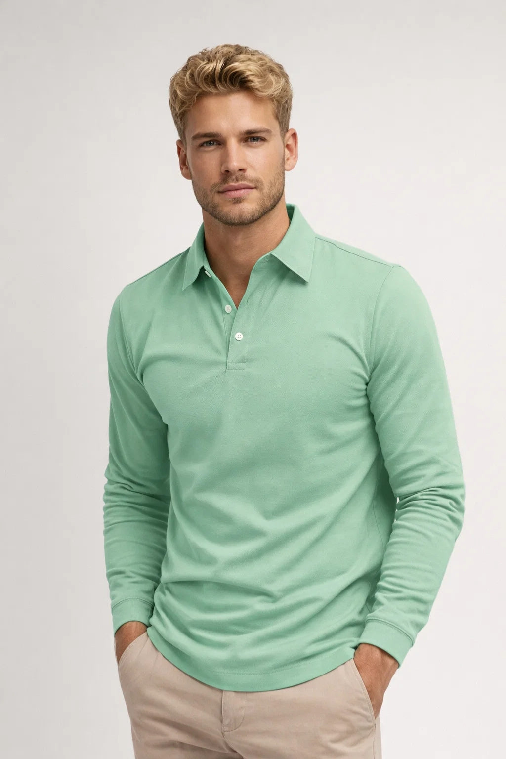 Slim Fit Poloshirt met Klassieke Kraag en Lange Mouwen voor Heren