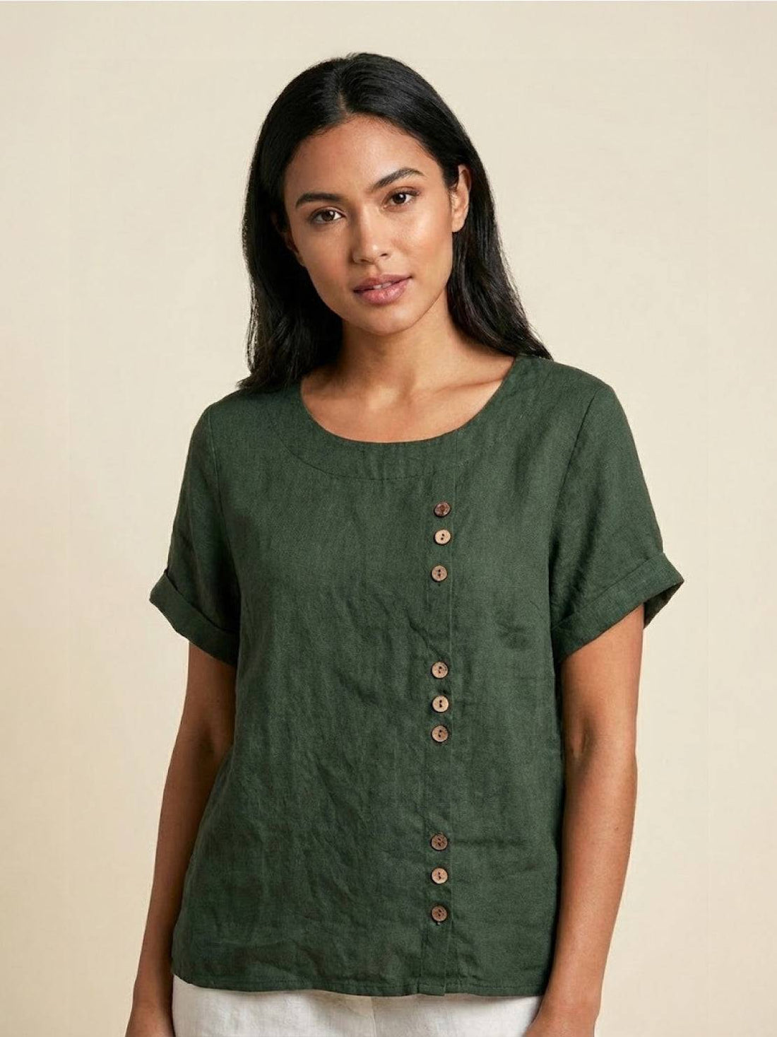Linnen Ronde Hals Blouse met Knoopsluiting voor Dames