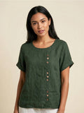 Linnen Ronde Hals Blouse met Knoopsluiting voor Dames