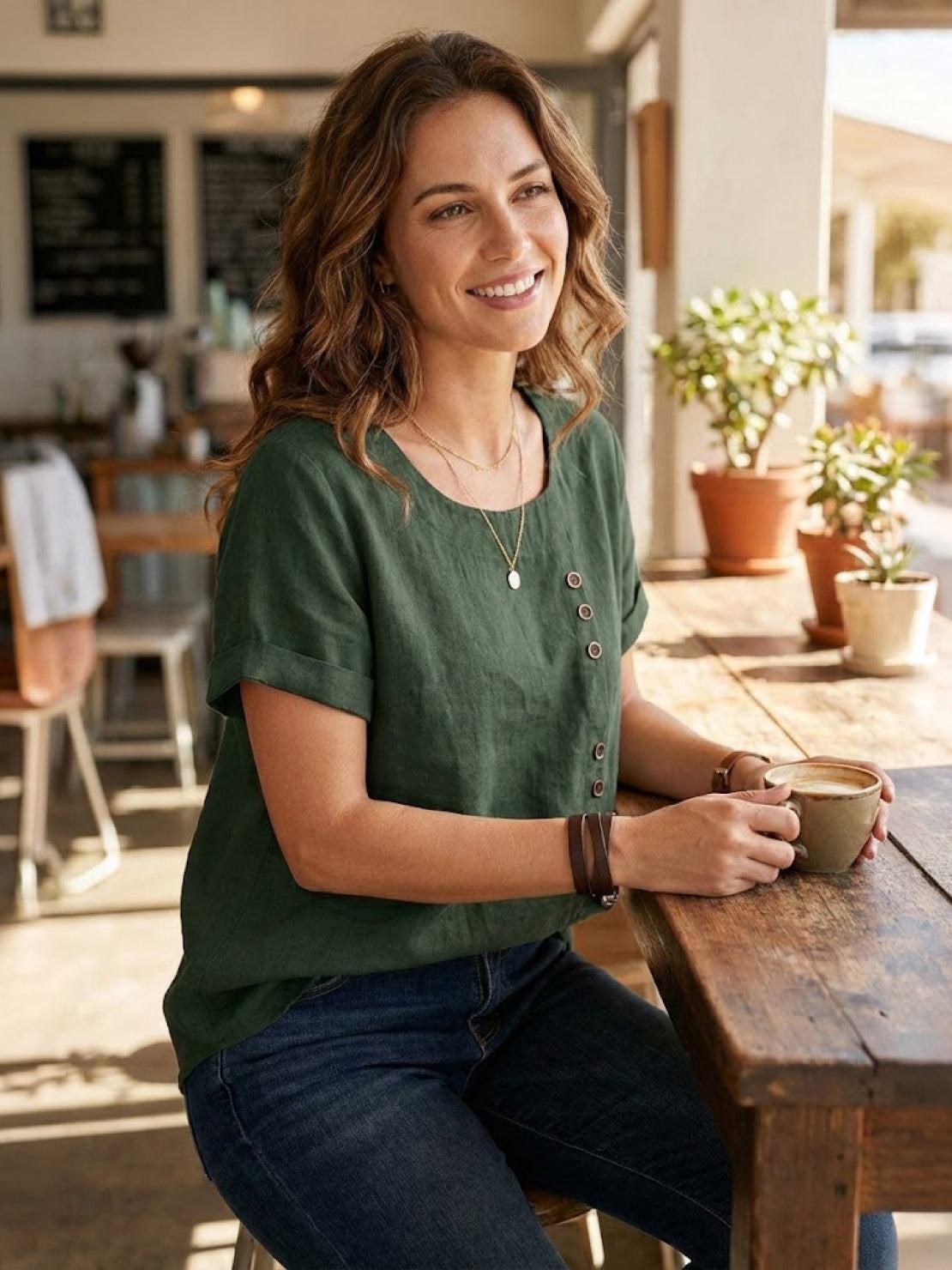 Linnen Ronde Hals Blouse met Knoopsluiting voor Dames