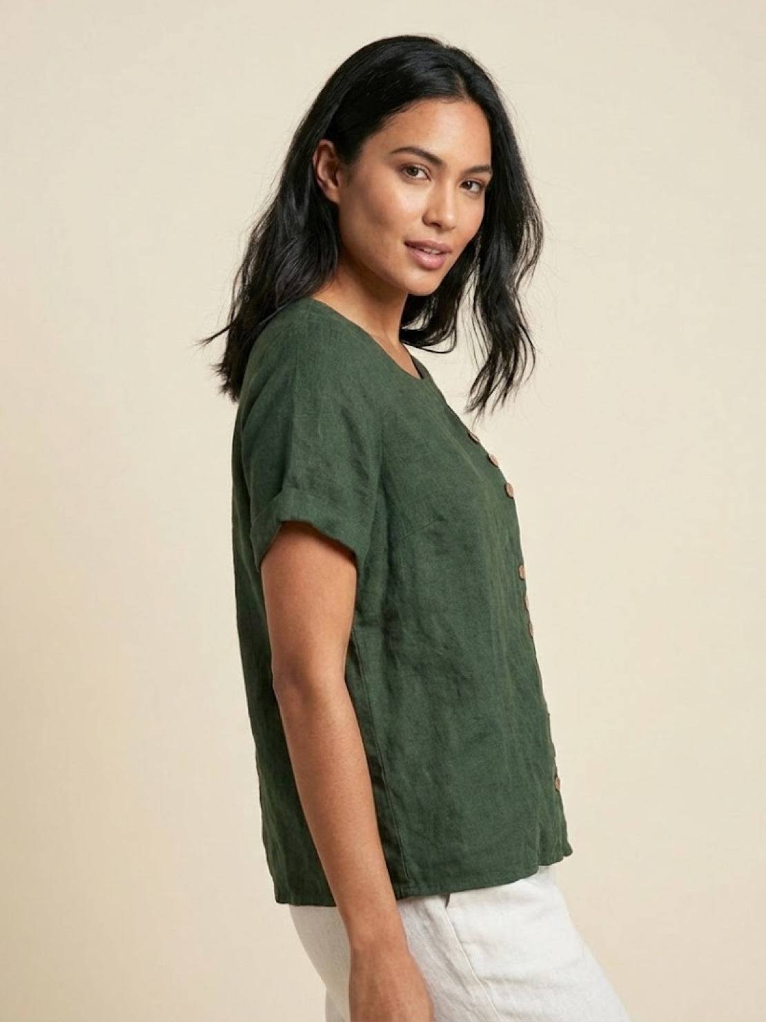 Linnen Ronde Hals Blouse met Knoopsluiting voor Dames