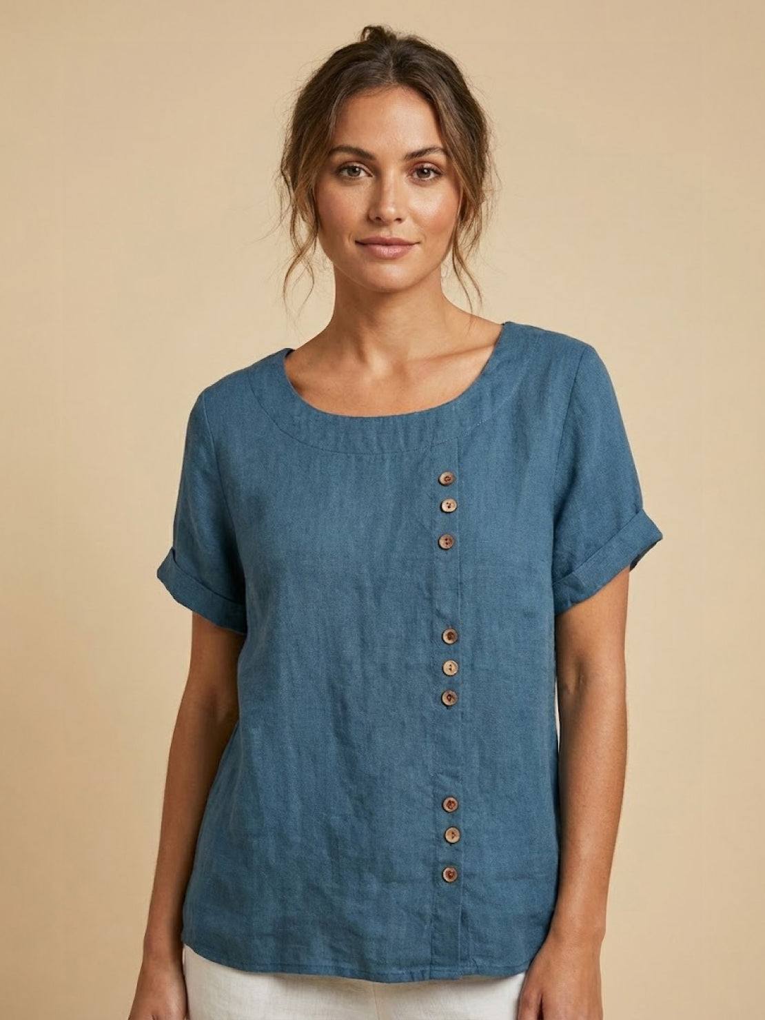 Linnen Ronde Hals Blouse met Knoopsluiting voor Dames