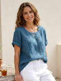 Linnen Ronde Hals Blouse met Knoopsluiting voor Dames