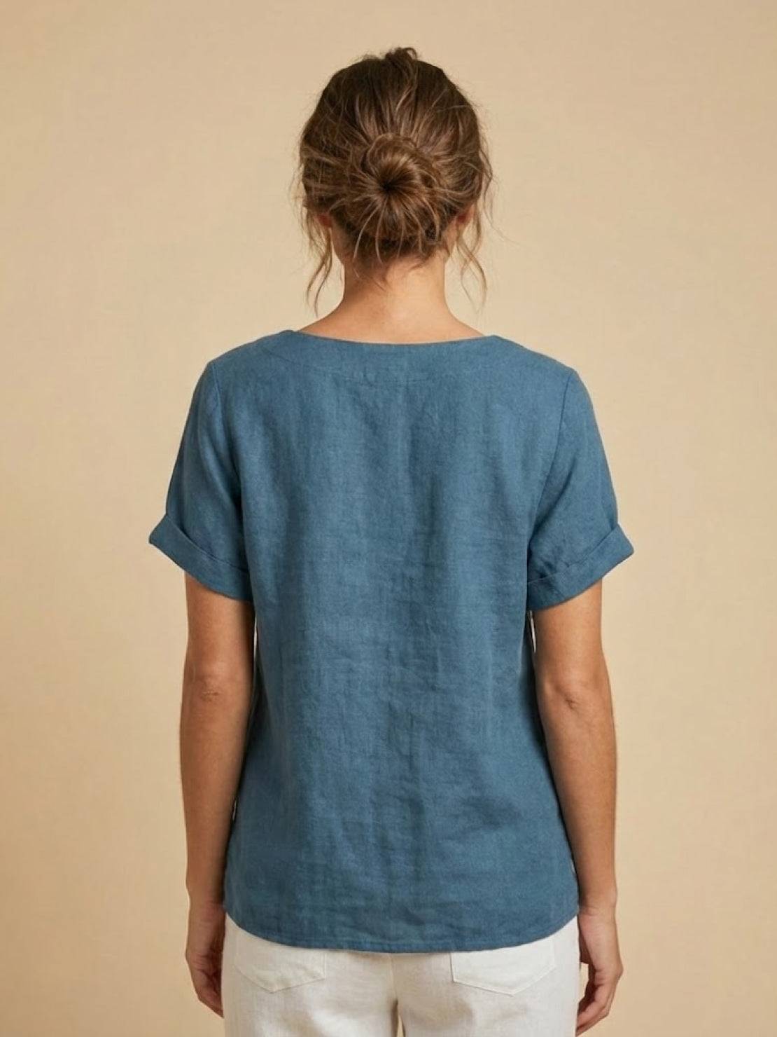 Linnen Ronde Hals Blouse met Knoopsluiting voor Dames