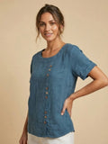 Linnen Ronde Hals Blouse met Knoopsluiting voor Dames