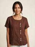 Linnen Ronde Hals Blouse met Knoopsluiting voor Dames