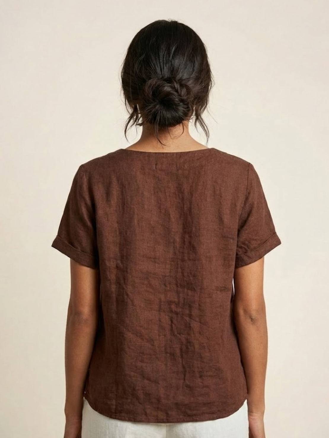 Linnen Ronde Hals Blouse met Knoopsluiting voor Dames