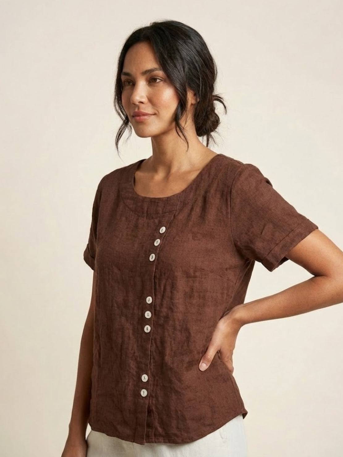 Linnen Ronde Hals Blouse met Knoopsluiting voor Dames