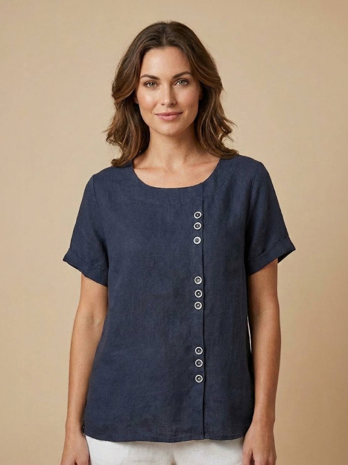 Linnen Ronde Hals Blouse met Knoopsluiting voor Dames