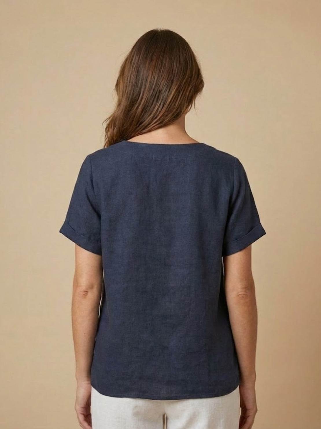 Linnen Ronde Hals Blouse met Knoopsluiting voor Dames