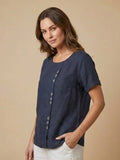 Linnen Ronde Hals Blouse met Knoopsluiting voor Dames