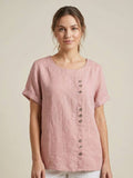 Linnen Ronde Hals Blouse met Knoopsluiting voor Dames